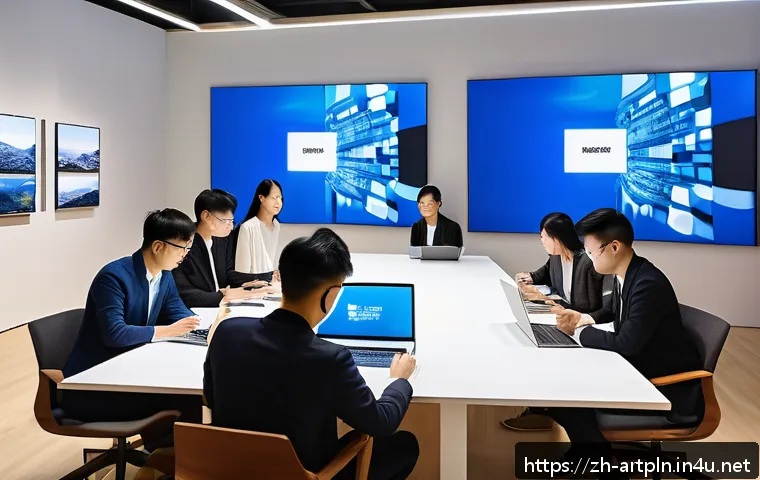 미술문화기획사 채용 경쟁률 분석 - A modern art culture planning office scene featuring a diverse team of young professionals collabora...