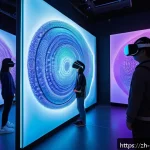 미술문화기획사로서의 창업 아이디어 - An immersive virtual reality art exhibition scene featuring diverse visitors wearing casual modern c...