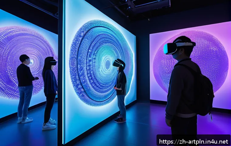 미술문화기획사로서의 창업 아이디어 - An immersive virtual reality art exhibition scene featuring diverse visitors wearing casual modern c...