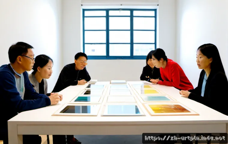 미술문화기획사의 직무 연관성 높은 학문 분야 - Photorealistic cultural arts planning meeting in a contemporary gallery, diverse adult curators, art...