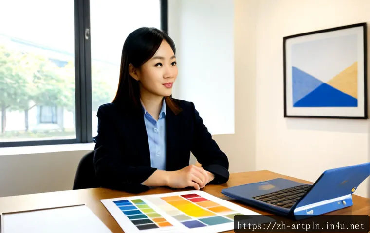 미술문화기획사로서의 경력 전환 이야기 - Photorealistic career transition scene in a bright contemporary art gallery office, a confident East...